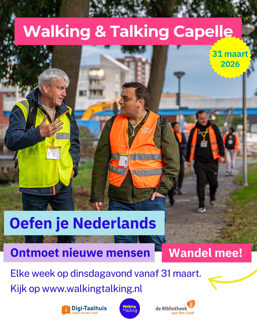 🎉 𝗪𝗮𝗹𝗸𝗶𝗻𝗴 & 𝗧𝗮𝗹𝗸𝗶𝗻𝗴 𝘀𝘁𝗮𝗿𝘁 𝗶𝗻 𝗖𝗮𝗽𝗲𝗹𝗹𝗲 𝗮𝗮𝗻 𝗱𝗲𝗻 𝗜𝗝𝘀𝘀𝗲𝗹! 

Woon jij in Capelle aan den IJssel?
Kom op 31 maart wandelen en Nederlands praten met ons! 🚶‍♀️🚶

Elke week loop je samen met andere mensen. Je praat, je lacht en je oefent je Nederlands. Ook ontmoet je nieuwe mensen. 

📅 Elke dinsdagavond, vanaf 31 maart
🕖 Inloop: 19:15 uur, wandeling start om 19:30 uur 
📍 Bibliotheek Capelle Centrum, Stadsplein 39

Je hoeft je niet aan te melden. 
Kom gewoon langs!

Walking & Talking is gezellig, gezond én gratis 💚

👉 Meer informatie: zie link in bio