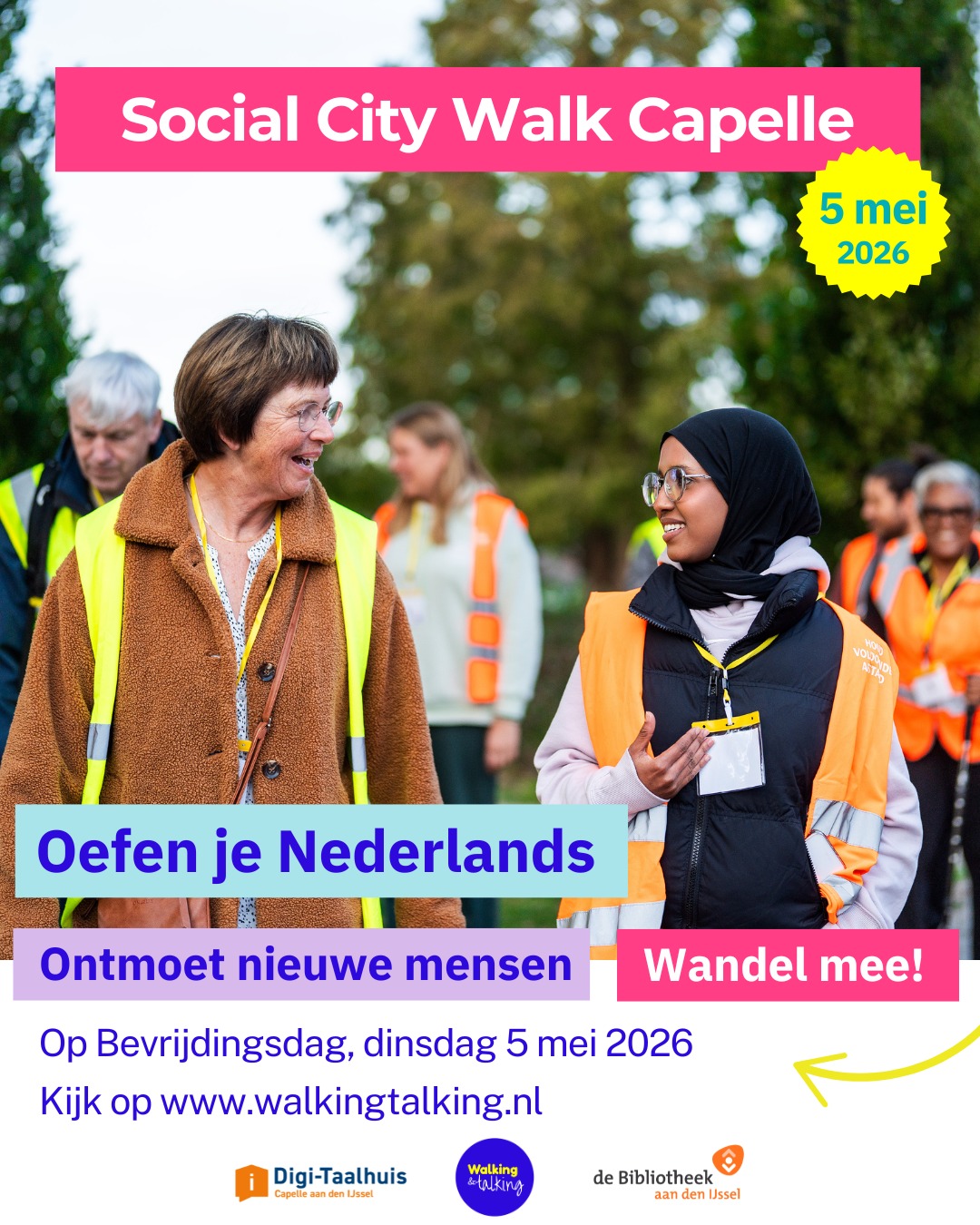 𝗪𝗼𝗼𝗻 𝗷𝗲 𝗶𝗻 𝗖𝗮𝗽𝗲𝗹𝗹𝗲 𝗮𝗮𝗻 𝗱𝗲𝗻 𝗜𝗝𝘀𝘀𝗲𝗹?
Loop dan mee op 5 mei! 🕊️ 

In Capelle organiseren we samen met @bibliotheekaandenijssel een bijzondere wandeling op dinsdag 5 mei. We gaan samen wandelen tijdens Bevrijdingsdag. 

Oefen je Nederlands of help anderen met de taal. 

Je kan starten bij Bibliotheek Capelle Centrum, in Schollevaar of Schenkel. 

Inloop vanaf 19:00 uur, start om 19:15 uur. Halverwege is er een koffiestop. Om 21:00 uur weer thuis.

Doe jij mee? 🧡

👉 Link in bio. Deelname is gratis.