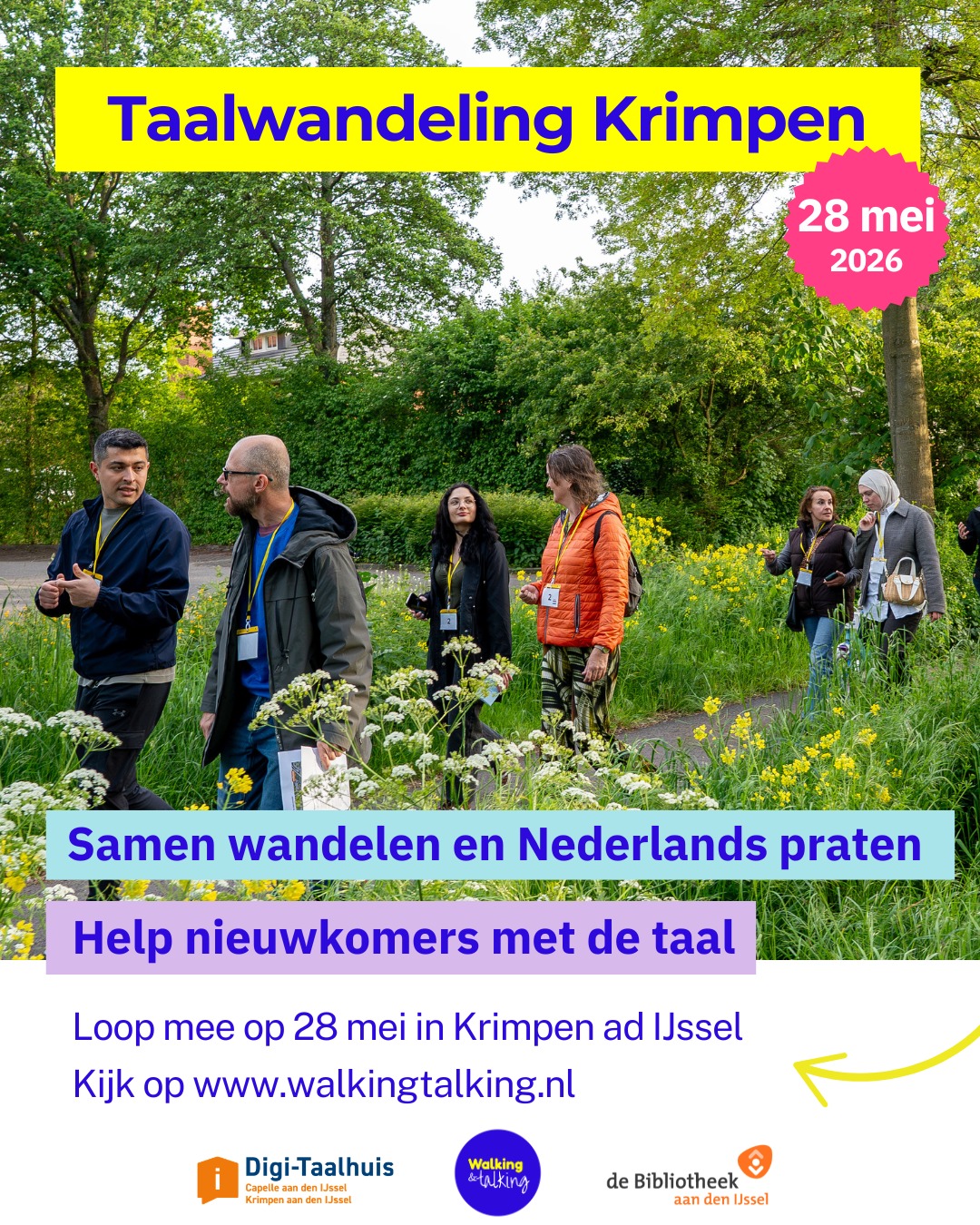 𝗪𝗼𝗼𝗻 𝗷𝗲 𝗶𝗻 𝗞𝗿𝗶𝗺𝗽𝗲𝗻 𝗮𝗮𝗻 𝗱𝗲𝗻 𝗜𝗝𝘀𝘀𝗲𝗹?
Loop dan mee op 28 mei! 

Op donderdag 28 mei organiseren we samen met @bibliotheekaandenijssel en het Digi-Taalhuis een taalwandeling. 

Oefen je Nederlands 💬 
Of help anderen met de taal. 

🕣 HOE LAAT? 
Welkom vanaf: 19.00 uur
Wandeling: 19.15 - 20.45 uur

📍 WAAR? 
Bibliotheek Krimpen, adres: Nachtegaalstraat 8

De wandeling is ongeveer 5 km en er is een gezellige pauze bij @streekmuseum_krimpenerwaard voor ☕🥯